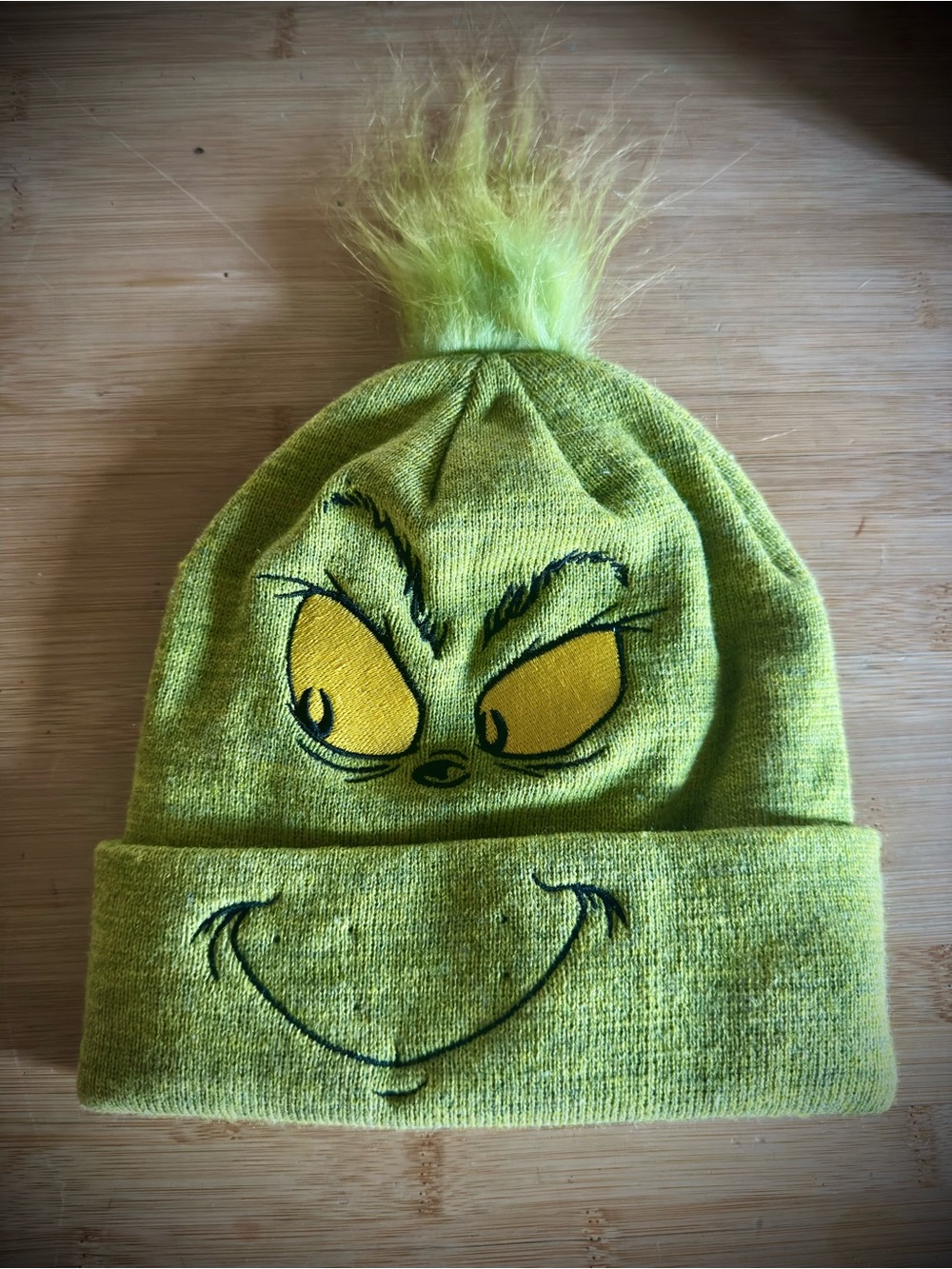 Kids Character Green Pom Beanie Hat with Grinch Face